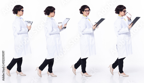 Full length 30s 40s Asian Woman Doctor with stethoscope, walking forward left right