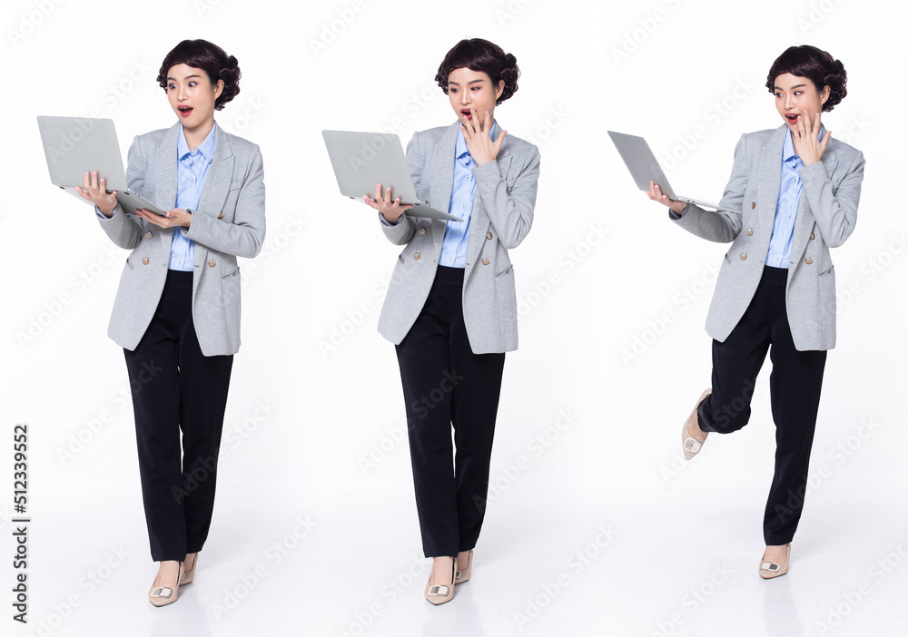 Full length 30s 40s Asian Woman teacher manager business, wow surprise glad shock Full length 30s 40s Asian Woman teacher manager business, wow surprise glad shock