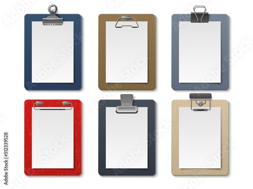 Realistic board tablets. Portable paper holder, different clipboards clamps, empty white sheets, various colors notebook, blank notepad pages. Simple pads mockup, utter vector isolated set