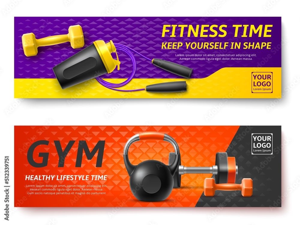 Realistic gym fitness banners. Sport equipment and accessories, bodybuilding dumbbell