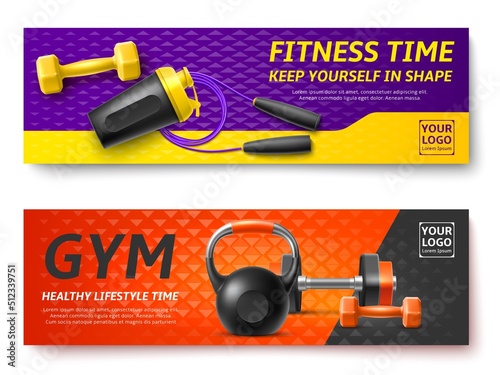 Realistic gym fitness banners. Sport equipment and accessories, bodybuilding dumbbell, kettlebell and skipping rope, advertising fitness horizontal bright poster, vector concept