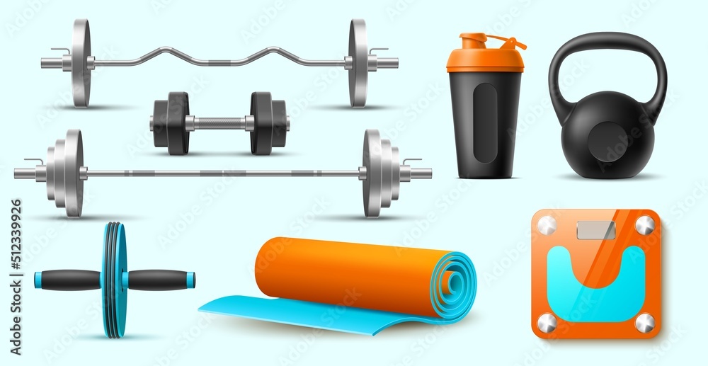 Realistic gym fitness set. Bodybuilding accessories, heavy metal