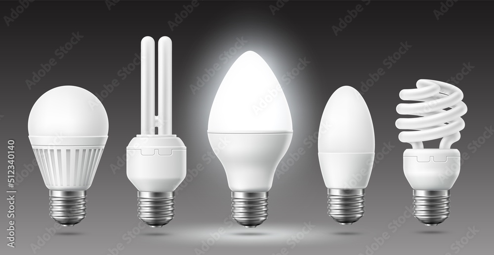 Realistic led lamps. Modern eco electricity elements, energy savings