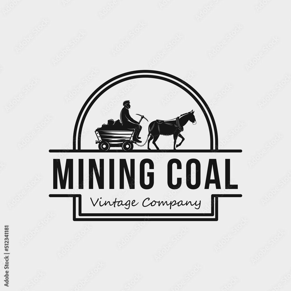 Mining or construction logos, Mule with a coal cart badges in vintage style illustrations.