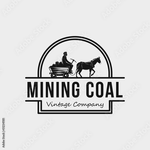 Mining or construction logos, Mule with a coal cart badges in vintage style illustrations.