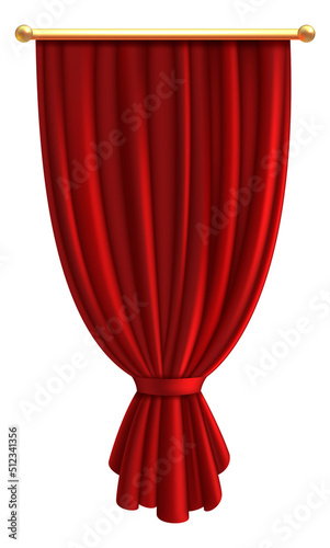 Red luxury curtain. Realistic fabric. Window tied drapery