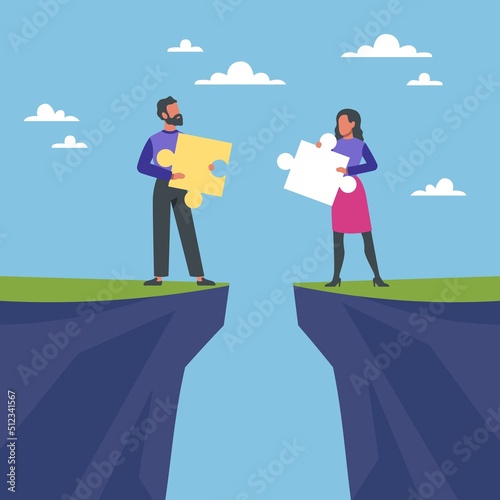 Restoration of relations. Bridging the relationship gap, man and woman with puzzles in hands on edge of abyss, family psychotherapy, couple success communication vector isolated concept