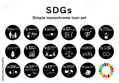 SDGs 17の目標丸型モノクロアイコンセット SDGs 17 goals round icon set (monochrome)