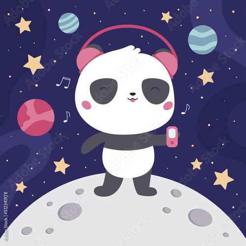 Cute kawaii panda with headphones and music player. Cartoon space background with planets, stars and moon. Flat style vector illustration.