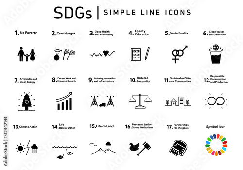 SDGs 17の目標シンプルラインアイコンセット（英語表記）　SDGs 17 goals simple line icon set