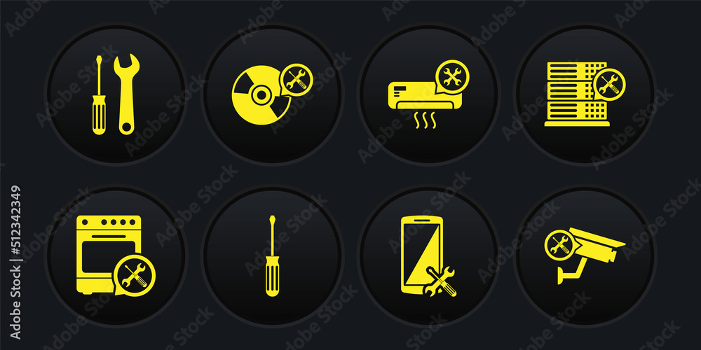 Set Oven service, Database server, Screwdriver, Smartphone, Air conditioner, CD or DVD disk, Security camera and and wrench icon. Vector Set Oven service, Database server, Screwdriver, Smartphone, Air conditioner, CD or DVD disk, Security camera and and wrench icon. Vector