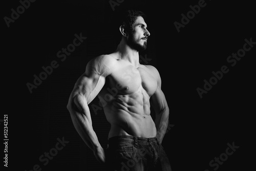Portrait of shirtless muscular man in a jeans. Young male hunk showing his perfect body and muscles on black background