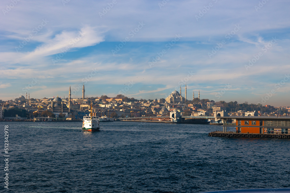 Ferry and cityscape of Istanbul in the morning. Travel to Turkey background