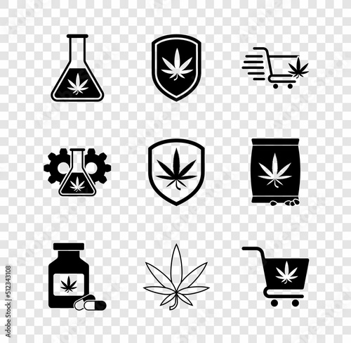 Set Test tube with marijuana, Shield and, Shopping cart, Medical bottle, Marijuana or cannabis leaf, and icon. Vector