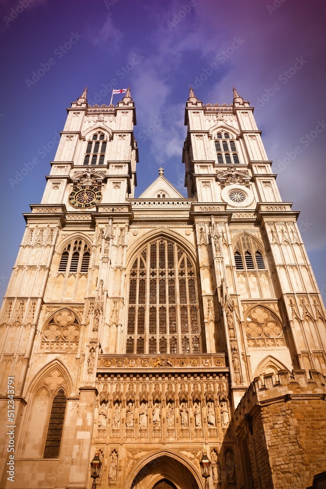 Westminster Abbey facade. Retro filter London UK.