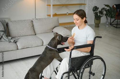 Young woman in wheelchair with dog indoors