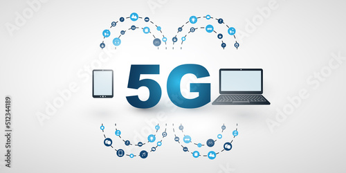 5G Network Label, Between Two Mobile Devices - Icons and Network Mesh - High Speed Broadband Mobile Telecommunication and Wireless Internet Design, New Cutting Edge Global Technology Concept