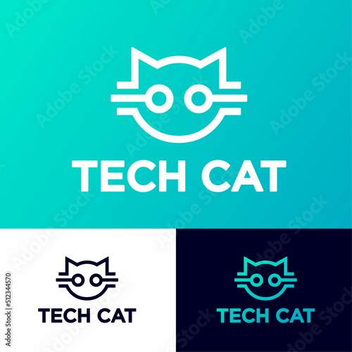 Technical Cat logo. Digital tech icon like cat face. Technologies illustration sign. Information symbol. Data center icon.
