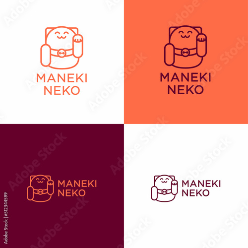 Lucky cat logo. Japanese Maneki Neko cat waving hand paw. Feng shui. Success wealth symbol mascot. Cute cartoon character. Flat icon. 