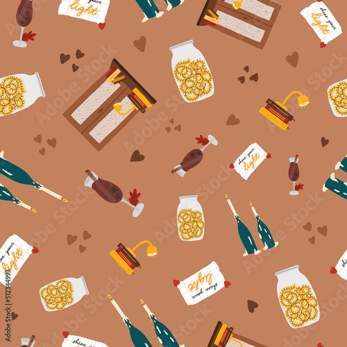 Cozy and hygge vector seamless hand drawn pattern with hygge autumn clip arts of seasonal clothes, food and drinks, decor. Can be used for, wrapping paper, bedclothes, notebook, packages, gift paper.