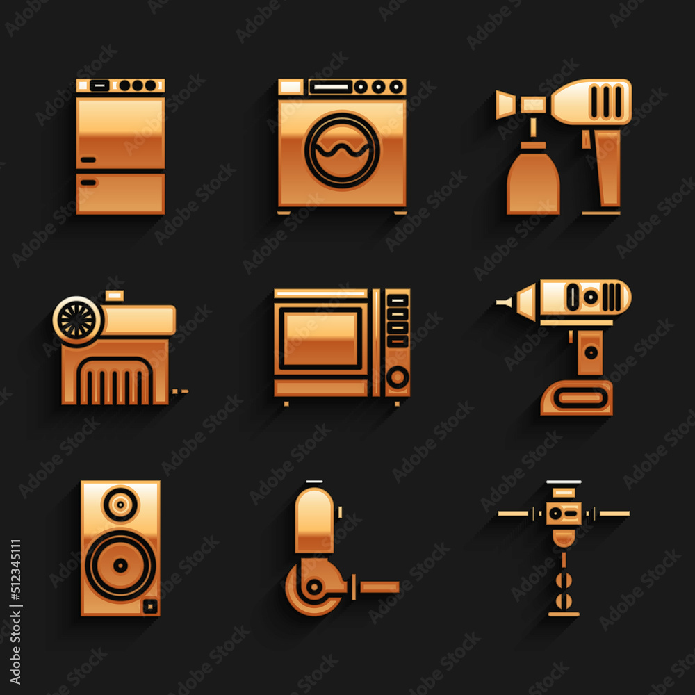 Set Microwave oven, Angle grinder, Construction jackhammer, Electric cordless screwdriver, Stereo speaker and Air compressor icon. Vector Set Microwave oven, Angle grinder, Construction jackhammer, Electric cordless screwdriver, Stereo speaker and Air compressor icon. Vector