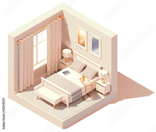 Vector isometric modern bedroom interior. Double bed, white walls, bedroom bench and night lamps. Low poly cross-section illustration. Cutaway drawing