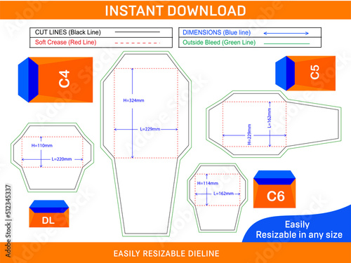 Envelope set of standard sizes dieline template