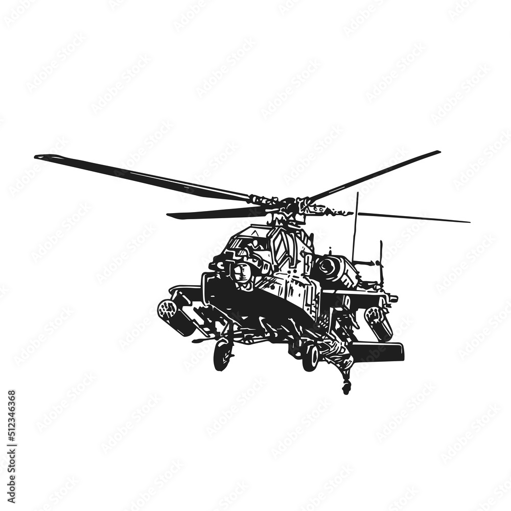 Fototapeta premium Military helicopter hand graphic drawing. Military equipment