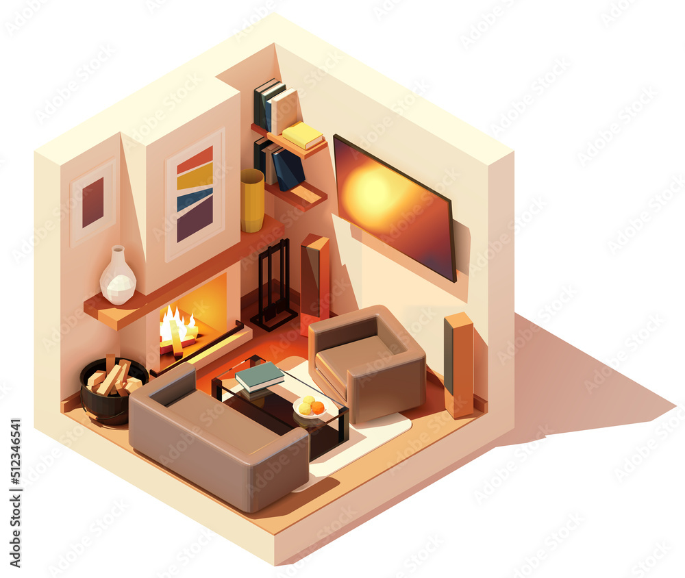 Vector isometric modern living room interior. Leather couch and armchair, tv with loudspeakers, fireplace. Low poly cross-section illustration. Cutaway drawing Vector isometric modern living room interior. Leather couch and armchair, tv with loudspeakers, fireplace. Low poly cross-section illustration. Cutaway drawing