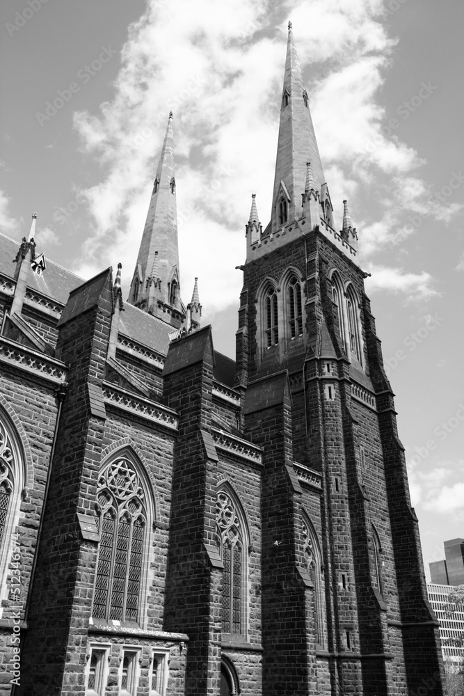 Melbourne cathedral, Australia. Black and white photo retro style.