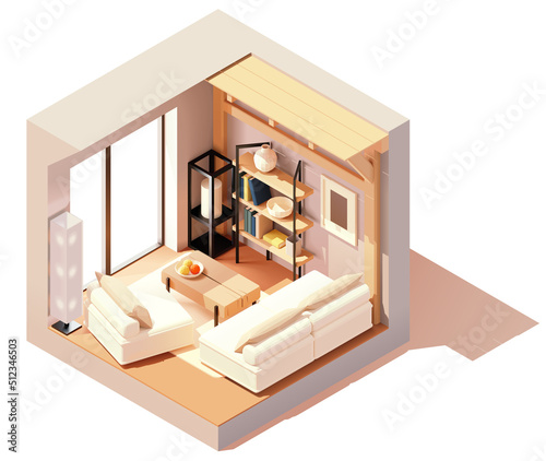 Vector isometric modern living room interior. Room with wood beams. Couch with pillows, coffee table, and bookcase. Low poly cross-section illustration. Cutaway drawing