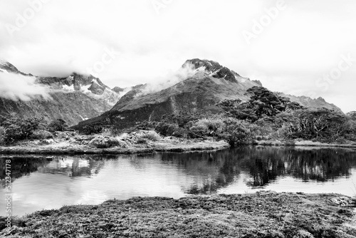 New Zealand - Key Summit track. Black and white vintage photo style.