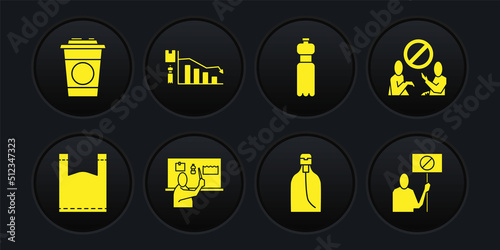 Set Plastic bag, Stop plastic pollution, Bottle of liquid soap, water, Ecology infographic, Nature saving protest and Paper glass icon. Vector