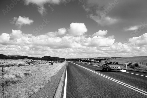 New Zealand scenic road in Waikato, North Island. Black and white retro photo style.