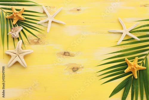 summer holidays concept with seashells, star fish and palm for copy space over yellow wooden background photo