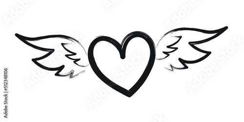 Hand drawn black heart with wings on white background 