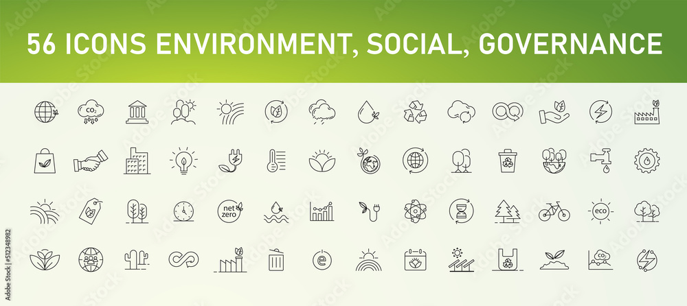 Environment nature line icons collection. ESG concept, net zero in environmental, social and governance. Banner design. Line icon set. EPS10 vector illustration. - obrazy, fototapety, plakaty 