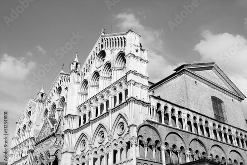 Italy - Ferrara Cathedral facade. Retro style photo black and white BW. Italian town.