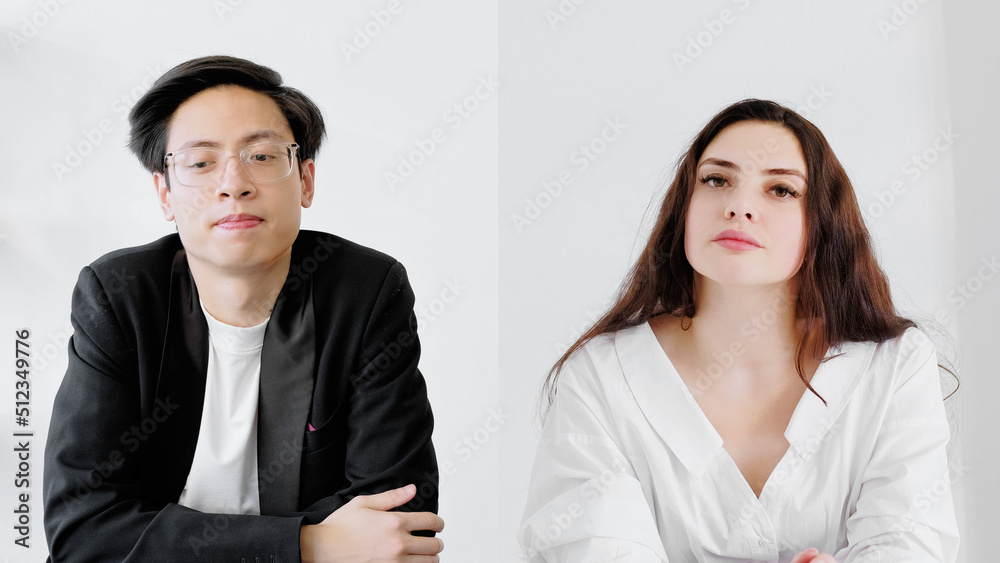 Video meeting. Online negotiation. Digital interview. Professional telecommuting. Screenshot of pensive business partners at virtual office. Video meeting. Online negotiation. Digital interview. Professional telecommuting. Screenshot of pensive business partners at virtual office.