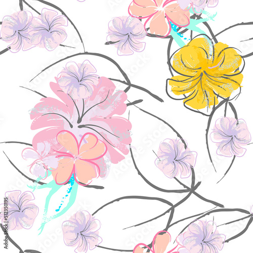 Pink Flowers Blooming Pattern. Pastel Watercolor.