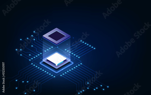 Abstract technology chip processor background circuit board and html code,3D illustration blue technology background vector.