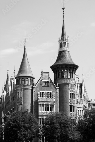 Barcelona Casa de les Punxes. Retro style photo black and white BW. Barcelona landmarks. © Tupungato