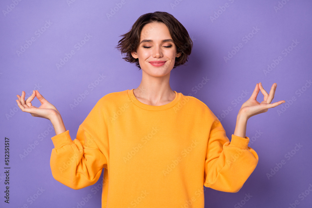 Portrait of charming pretty person closed eyes hands fingers meditate isolated on purple color background Portrait of charming pretty person closed eyes hands fingers meditate isolated on purple color background