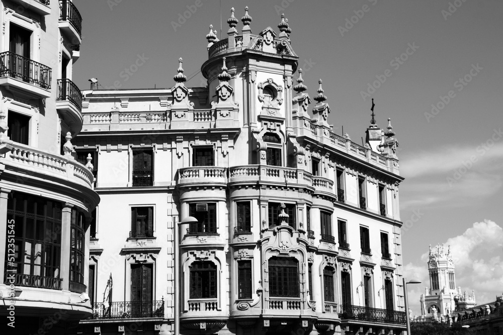 Madrid - Gran Via architecture. Black white photo vintage style. Spanish landmark.