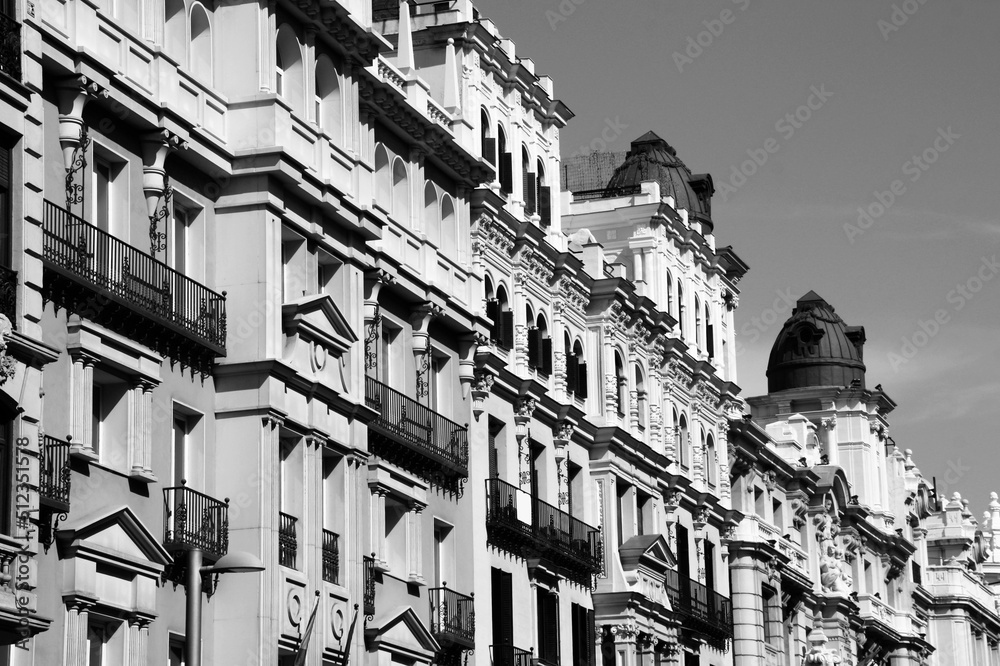 Madrid city street. Black white photo vintage style. Spanish landmark.
