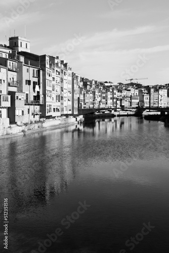 Girona town in Spain. Black white photo vintage style. Spanish landmark.