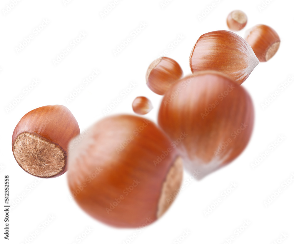 Flying delicious hazelnuts, isolated on white background Flying delicious hazelnuts, isolated on white background