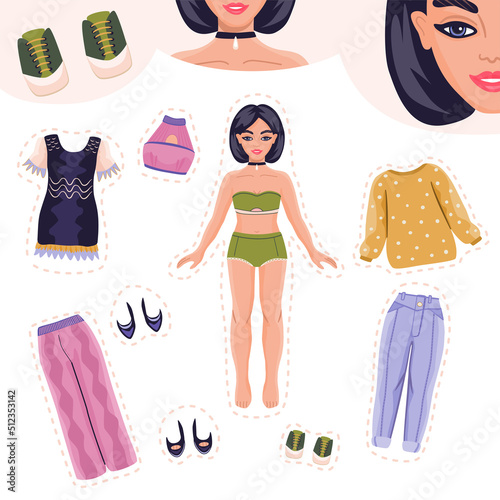 Paper doll colourful illustration. Dress up game for children and adults. Cheerful female character.