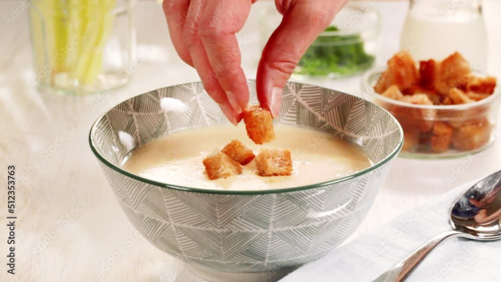 Delicious homemade cream soup with croutons. Delicious homemade cream soup with croutons.