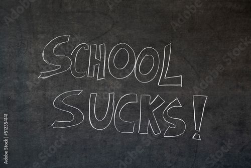 School Sucks, written in chalk on a blackboard